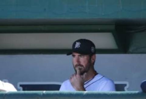 Mar 4, 2016; Lakeland, FL, USA; Detroit Tigers starting pitcher Justin Verlander (35) looks on in the dugout during the first inning against the New York Yankees at Joker Marchant Stadium. Mandatory Credit: Kim Klement-USA TODAY Sports