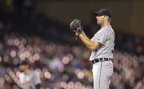 Sep 15, 2014; Minneapolis, MN, USA; Detroit Tigers starting pitcher Max Scherzer (37) gets ready to deliver a pitch in the fourth inning against the Minnesota Twins at Target Field. Mandatory Credit: Jesse Johnson-USA TODAY Sports