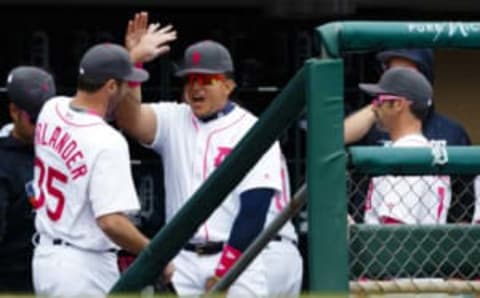 May 8, 2016; Detroit, MI, USA; Detroit Tigers starting pitcher Justin Verlander (35) receives congratulations from designated hitter Miguel Cabrera (24) after the seventh inning against the Texas Rangers at Comerica Park. Mandatory Credit: Rick Osentoski-USA TODAY Sports