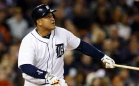 May 17, 2016; Detroit, MI, USA; Detroit Tigers first baseman Miguel Cabrera (24) hits a triple in the seventh inning against the Minnesota Twins at Comerica Park. Mandatory Credit: Rick Osentoski-USA TODAY Sports