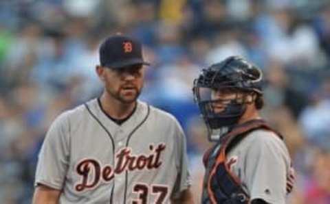 Apr 21, 2016; Kansas City, MO, USA; Detroit Tigers pitcher Mike Pelfrey (37) talks with catcher Jarrod Saltalamacchia (39) against the Kansas City Royals during the first inning at Kauffman Stadium. Mandatory Credit: Peter G. Aiken-USA TODAY Sports