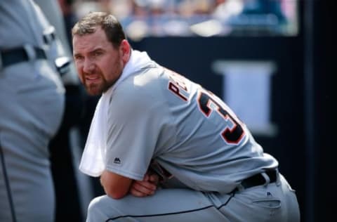 Mar 2, 2016; Tampa, FL, USA;Detroit Tigers starting pitcher Mike Pelfrey (37) looks on during the second inning against the New York Yankees at George M. Steinbrenner Field. Mandatory Credit: Kim Klement-USA TODAY Sports