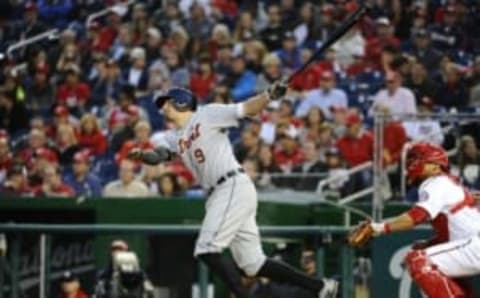 May 10, 2016; Washington, DC, USA; Detroit Tigers third baseman Nick Castellanos (9) hits a two-run home run against the Washington Nationals during the fourth inning at Nationals Park. Mandatory Credit: Brad Mills-USA TODAY Sports