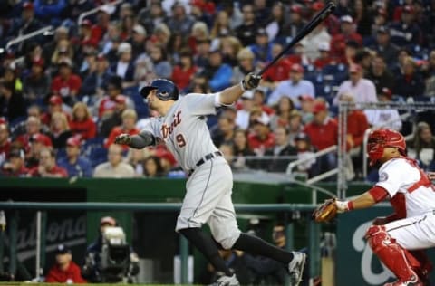 May 10, 2016; Washington, DC, USA; Detroit Tigers third baseman Nick Castellanos (9) hits a two run home run against the Washington Nationals during the fourth inning at Nationals Park. Mandatory Credit: Brad Mills-USA TODAY Sports