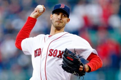 Apr 30, 2016; Boston, MA, USA; Boston Red Sox pitcher Rick Porcello (22) delivers a pitch during the first inning against the New York Yankees at Fenway Park. Mandatory Credit: Greg M. Cooper-USA TODAY Sports