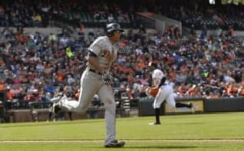 May 15, 2016; Baltimore, MD, USA; Detroit Tigers left fielder Steven Moya (33) doubles during the seventh inning against the Baltimore Orioles at Oriole Park at Camden Yards. Detroit Tigers defeated Baltimore Orioles 6-5. Mandatory Credit: Tommy Gilligan-USA TODAY Sports