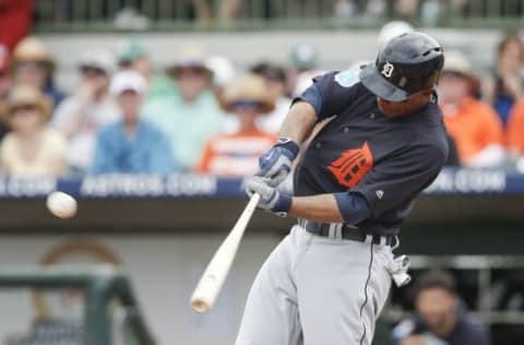 Mar 11, 2016; Kissimmee, FL, USA; Detroit Tigers left fielder Steven Moya (33) hits an RBI double in the third inning of a spring training baseball game against the Houston Astros at Osceola County Stadium. Mandatory Credit: Reinhold Matay-USA TODAY Sports