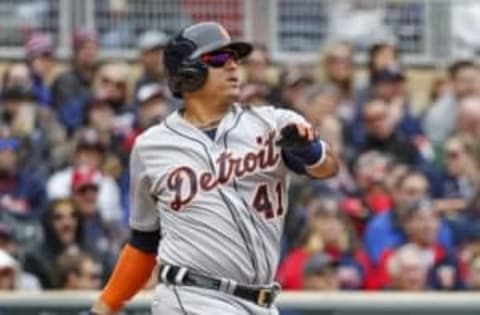 Apr 30, 2016; Minneapolis, MN, USA; Detroit Tigers designated hitter Victor Martinez (41) hits an RBI double against the Minnesota Twins in the sixth inning at Target Field. The Tigers win 4-1. Mandatory Credit: Bruce Kluckhohn-USA TODAY Sports