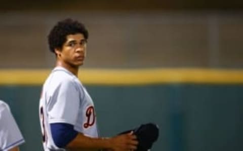 Oct. 10, 2014; Scottsdale, AZ, USA; Detroit Tigers outfielder Steven Moya plays for the Glendale Desert Dogs against the Scottsdale Scorpions during an Arizona Fall League game at Cubs Park. Mandatory Credit: Mark J. Rebilas-USA TODAY Sports