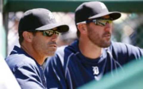 Jun 8, 2016; Detroit, MI, USA; Detroit Tigers manager Brad Ausmus (left) and pitcher Justin Verlander (35) in the dugout prior to the game against the Toronto Blue Jays at Comerica Park. Mandatory Credit: Rick Osentoski-USA TODAY Sports