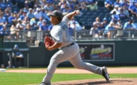 Jun 19, 2016; Kansas City, MO, USA; Detroit Tigers relief pitcher Bruce Rondon (43) delivers a pitch in the eleventh inning against the Kansas City Royals at Kauffman Stadium. The Royals won 2-1. Mandatory Credit: Denny Medley-USA TODAY Sports