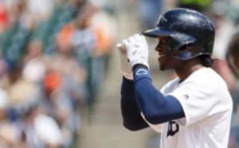 Jun 5, 2016; Detroit, MI, USA; Detroit Tigers center fielder Cameron Maybin (4) celebrates after he hits a double in the fifth inning against the Chicago White Sox at Comerica Park. Mandatory Credit: Rick Osentoski-USA TODAY Sports