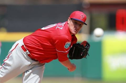 Mar 21, 2016; Lakeland, FL, USA; Philadelphia Phillies relief pitcher David Hernandez (30) throws a warm up pitch during the seventh inning against the Detroit Tigers at Joker Marchant Stadium. Mandatory Credit: Kim Klement-USA TODAY Sports