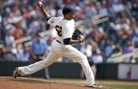 Jun 18, 2016; Minneapolis, MN, USA; Minnesota Twins relief pitcher Fernando Abad (58) pitches to the New York Yankees in the ninth inning at Target Field. The Yankees win 7-6. Mandatory Credit: Bruce Kluckhohn-USA TODAY Sports