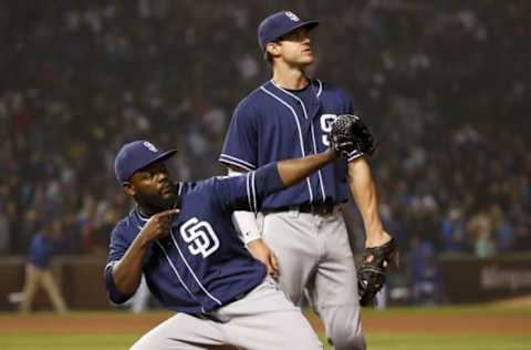 May 11, 2016; Chicago, IL, USA; San Diego Padres relief pitcher Fernando Rodney, left, reacts next to first baseman Wil Myers, right, after a 1-0 win against the Chicago Cubs at Wrigley Field. Mandatory Credit: Kamil Krzaczynski-USA TODAY Sports