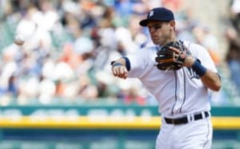 Jun 8, 2016; Detroit, MI, USA; Detroit Tigers second baseman Ian Kinsler (3) makes a throw to first for an out in the fourth inning against the Toronto Blue Jays at Comerica Park. Mandatory Credit: Rick Osentoski-USA TODAY Sports