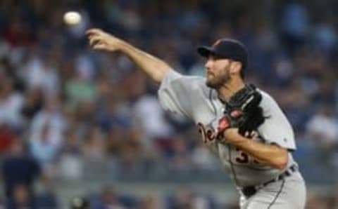 Jun 11, 2016; Bronx, NY, USA; Detroit Tigers starting pitcher Justin Verlander (35) delivers a pitch in the third inning against the New York Yankees at Yankee Stadium. Mandatory Credit: Noah K. Murray-USA TODAY Sports