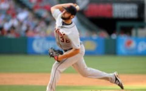 June 1, 2016; Anaheim, CA, USA; Detroit Tigers starting pitcher Michael Fulmer (32) throws in the fourth inning against Los Angeles Angels at Angel Stadium of Anaheim. Mandatory Credit: Gary A. Vasquez-USA TODAY Sports