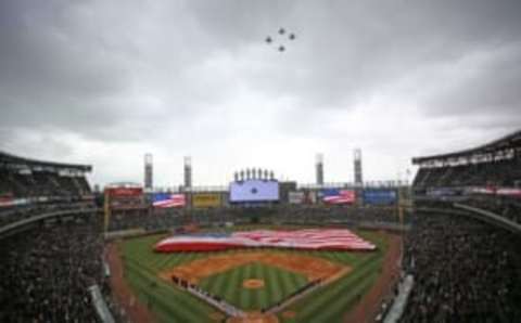 Apr 8, 2016; Chicago, IL, USA; A general shot during the national anthem and a US Navy flyover prior to a game between the Chicago White Sox and the Cleveland Indians at U.S. Cellular Field. Mandatory Credit: Dennis Wierzbicki-USA TODAY Sports