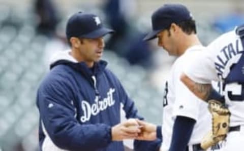 Apr 28, 2016; Detroit, MI, USA; Detroit Tigers manager Brad Ausmus (7) takes the ball to relieve starting pitcher Anibal Sanchez (19) during the fifth inning against the Oakland Athletics at Comerica Park. Mandatory Credit: Rick Osentoski-USA TODAY Sports