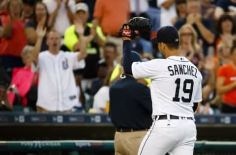 Jul 19, 2016; Detroit, MI, USA; Detroit Tigers starting pitcher Anibal Sanchez (19) wave to the fans as he walks off the field after being relieved in the seventh inning against the Minnesota Twins at Comerica Park. Mandatory Credit: Rick Osentoski-USA TODAY Sports