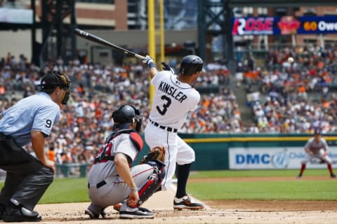 Aug 9, 2015; Detroit, MI, USA; Detroit Tigers second baseman Ian Kinsler (3) hits a double in the first inning against the Boston Red Sox at Comerica Park. Mandatory Credit: Rick Osentoski-USA TODAY Sports