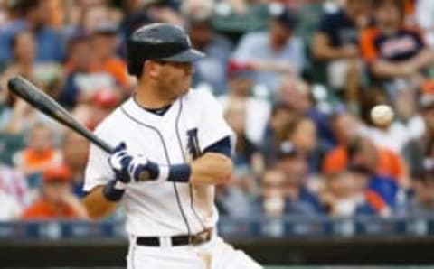 Jun 20, 2016; Detroit, MI, USA; Detroit Tigers second baseman Ian Kinsler (3) is hit by a pitch in the second inning against the Seattle Mariners at Comerica Park. Mandatory Credit: Rick Osentoski-USA TODAY Sports