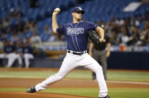 Jun 30, 2016; St. Petersburg, FL, USA; Tampa Bay Rays starting pitcher Jake Odorizzi (23) throws a pitch during the first inning against the Detroit Tigers at Tropicana Field. Mandatory Credit: Kim Klement-USA TODAY Sports