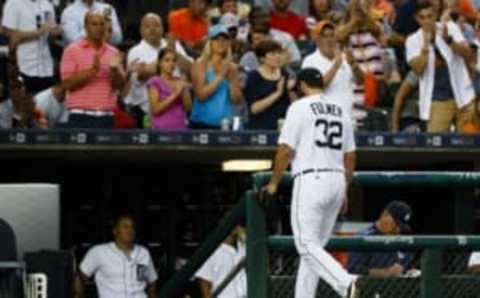 Jun 22, 2016; Detroit, MI, USA; Detroit Tigers starting pitcher Michael Fulmer (32) walks off the field after being relieved in the fifth inning against the Seattle Mariners at Comerica Park. Mandatory Credit: Rick Osentoski-USA TODAY Sports