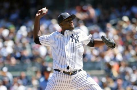 Jun 12, 2016; Bronx, NY, USA; New York Yankees starting pitcher Michael Pineda (35) pitches in the first inning against the Detroit Tigers at Yankee Stadium. Mandatory Credit: Andy Marlin-USA TODAY Sports