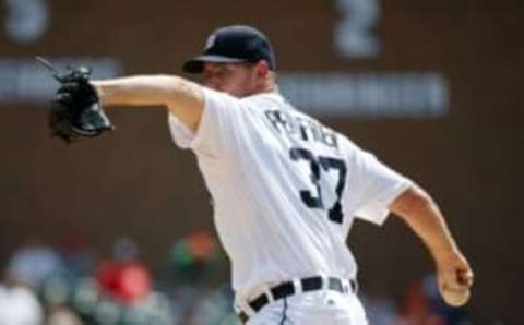 Jul 31, 2016; Detroit, MI, USA; Detroit Tigers starting pitcher Mike Pelfrey (37) pitches in the first inning against the Houston Astros at Comerica Park. Mandatory Credit: Rick Osentoski-USA TODAY Sports