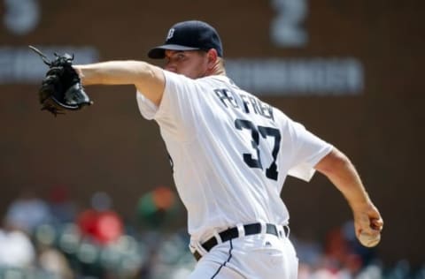 Jul 31, 2016; Detroit, MI, USA; Detroit Tigers starting pitcher Mike Pelfrey (37) pitches in the first inning against the Houston Astros at Comerica Park. Mandatory Credit: Rick Osentoski-USA TODAY Sports