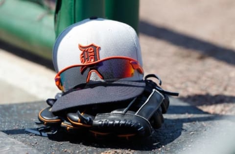 Mar 29, 2015; Clearwater, FL, USA; A general view of a Detroit Tigers hat, glove and sunglasses in the dugout against the Philadelphia Phillies at Bright House Field. Mandatory Credit: Kim Klement-USA TODAY Sports