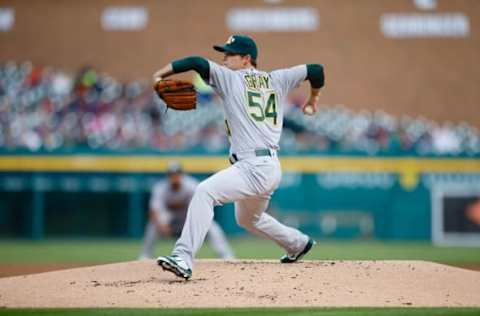 Apr 27, 2016; Detroit, MI, USA; Oakland Athletics starting pitcher Sonny Gray (54) pitches in the first inning against the Detroit Tigers at Comerica Park. Mandatory Credit: Rick Osentoski-USA TODAY Sports