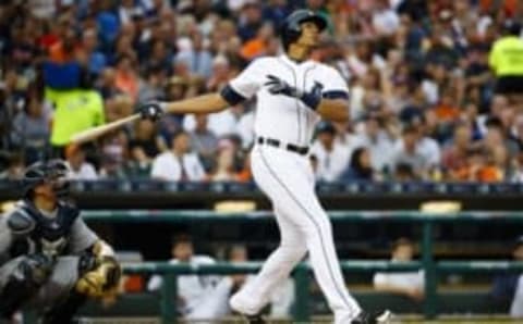 Jun 20, 2016; Detroit, MI, USA; Detroit Tigers right fielder Steven Moya (33) sits in dugout during the first inning against the Seattle Mariners at Comerica Park. Mandatory Credit: Rick Osentoski-USA TODAY Sports