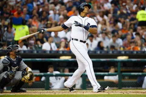 Jun 22, 2016; Detroit, MI, USA; Detroit Tigers left fielder Steven Moya (33) hits a home run against the Seattle Mariners in the fourth inning at Comerica Park. Mandatory Credit: Rick Osentoski-USA TODAY Sports