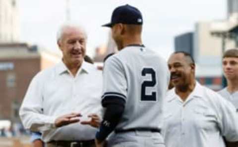 Aug 27, 2014; Detroit, MI, USA; New York Yankees shortstop Derek Jeter (2) talks to former Detroit Tigers players Al Kaline and Willie Horton before the game at Comerica Park. Mandatory Credit: Rick Osentoski-USA TODAY Sports