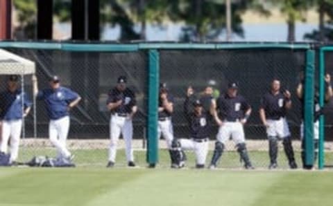 Mar 1, 2016; Lakeland, FL, USA; Detroit Tigers players watch from the bullpen during the third inning at Joker Marchant Stadium. Mandatory Credit: Butch Dill-USA TODAY Sports