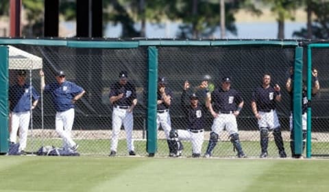 Mar 1, 2016; Lakeland, FL, USA; Detroit Tigers players watch from the bullpen during the third inning at Joker Marchant Stadium. Mandatory Credit: Butch Dill-USA TODAY Sports