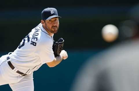 May 18, 2016; Detroit, MI, USA; Detroit Tigers starting pitcher Justin Verlander (35) warms up prior to the first inning against the Minnesota Twins at Comerica Park. Mandatory Credit: Rick Osentoski-USA TODAY Sports