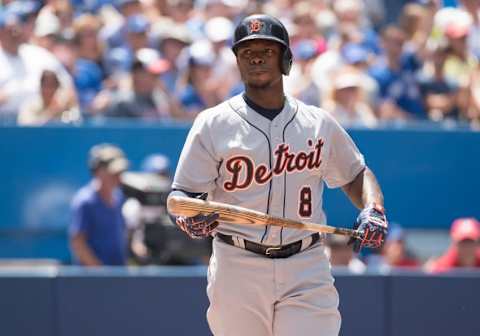 Jul 10, 2016; Toronto, Ontario, CAN; Detroit Tigers left fielder Justin Upton (8) reacts after striking out during the sixth inning in a game against the Toronto Blue Jays at Rogers Centre. The Toronto Blue Jays won 6-1. Mandatory Credit: Nick Turchiaro-USA TODAY Sports