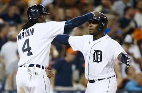 Jul 29, 2016; Detroit, MI, USA; Detroit Tigers left fielder Justin Upton (8) receives congratulations from center fielder Cameron Maybin (4) after he hits a three run home run in the sixth inning against the Houston Astros at Comerica Park. Mandatory Credit: Rick Osentoski-USA TODAY Sports