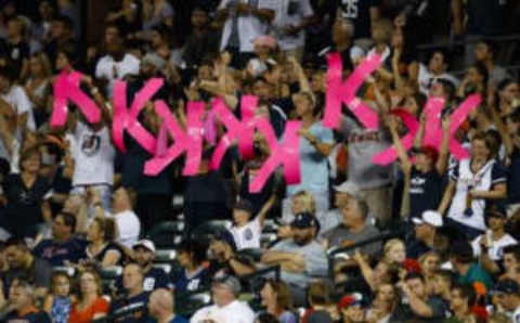 Aug 5, 2016; Detroit, MI, USA; Fan hold up “K” signs for Detroit Tigers starting pitcher Justin Verlander (not pictured) during the sixth inning against the New York Mets at Comerica Park. Mandatory Credit: Rick Osentoski-USA TODAY Sports