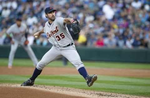 Aug 10, 2016; Seattle, WA, USA; Detroit Tigers starting pitcher Justin Verlander (35) throws against the Seattle Mariners during the second inning at Safeco Field. Mandatory Credit: Joe Nicholson-USA TODAY Sports