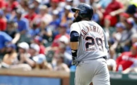 Aug 14, 2016; Arlington, TX, USA; Detroit Tigers right fielder J.D. Martinez (28) watches a two-run home run in the seventh inning against the Texas Rangers at Globe Life Park in Arlington. Mandatory Credit: Tim Heitman-USA TODAY Sports