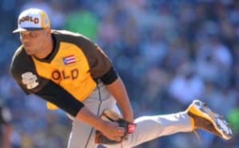 Jul 10, 2016; San Diego, CA, USA; World pitcher Joe Jimenez throws a pitch in the second inning during the All Star Game futures baseball game at PetCo Park. Mandatory Credit: Gary A. Vasquez-USA TODAY Sports