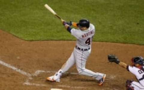 Aug 23, 2016; Minneapolis, MN, USA; Detroit Tigers designated hitter Victor Martinez (41) hits a home run against the Minnesota Twins in the seventh inning at Target Field. The Tigers win 8-3. Mandatory Credit: Bruce Kluckhohn-USA TODAY Sports