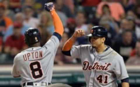 Sep 16, 2016; Cleveland, OH, USA; Detroit Tigers left fielder Justin Upton (8) and designated hitter Victor Martinez (41) celebrate Upton hit a home run during the sixth inning against the Cleveland Indians at Progressive Field. Mandatory Credit: Ken Blaze-USA TODAY Sports