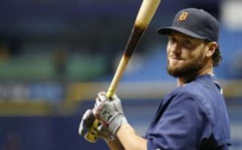 Jun 30, 2016; St. Petersburg, FL, USA;Detroit Tigers catcher Jarrod Saltalamacchia (39) works out prior to the game against the Tampa Bay Rays at Tropicana Field. Mandatory Credit: Kim Klement-USA TODAY Sports