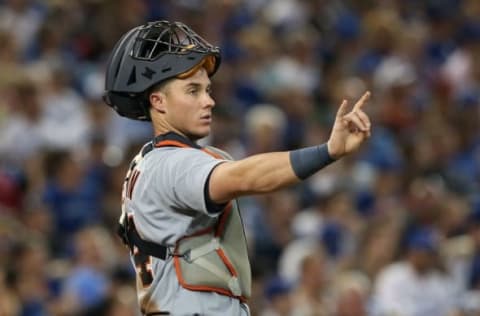 Jul 7, 2016; Toronto, Ontario, CAN; Detroit Tigers catcher James McCann (34) makes hand gestures to his teammates in the seventh inning against the Toronto Blue Jays at Rogers Centre. Mandatory Credit: Kevin Sousa-USA TODAY Sports